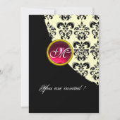 Invitation NOIR ET OR DAMASK MONOGRAM, rubis rouge, fuchsia (Devant)