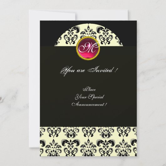 Invitation NOIR ET OR DAMASK MONOGRAM, rubis rouge, fuchsia (Dos)