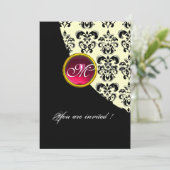 Invitation NOIR ET OR DAMASK MONOGRAM, rubis rouge, fuchsia (Debout devant)