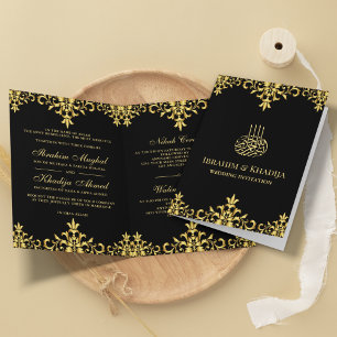 Invitation Noir et Or Feuille de Damassé Mariage Islamique