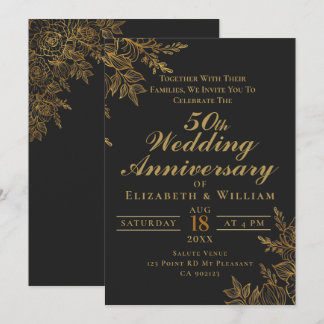 Invitation Noir et or floral mariage anniversaire de mariage