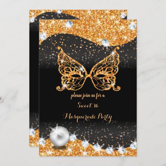 Invitation noir et or masquerade douce 16 avec perle invi (Devant / Derrière)