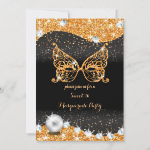 Invitation noir et or masquerade douce 16 avec perle invi