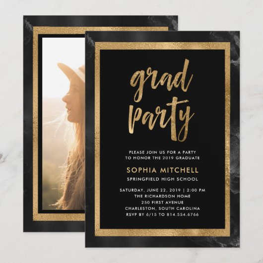 Invitation Noir et or| Photo du Parti de la graduation (Devant / Derrière)