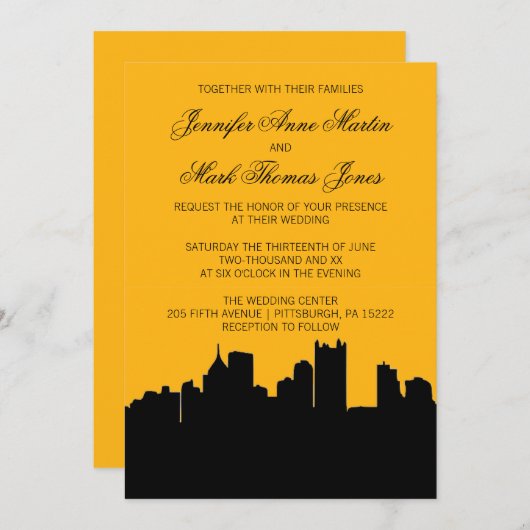 Invitation Noir et or Pittsburgh City Skyline Mariage II (Devant / Derrière)
