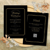 Invitation Noir et or Script QR Code Art Déco Mariage