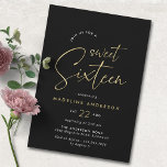 Invitation Noir et or | Simple Glam Sweet 16 anniversaire<br><div class="desc">Invitations de 16ème anniversaire en noir et faux or avec du texte "sweet sixteen" dans une police manuscrite. Simple et élégant. Remarque : L'effet Gold est répliqué par un graphique de haute qualité. Aucune feuille réelle ne sera utilisée.</div>