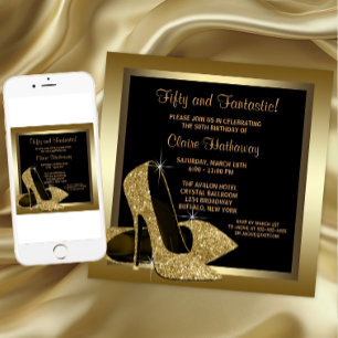 Invitation Noir et or talons hauts femmes 50e anniversaire