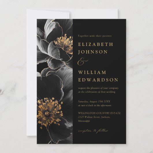 Invitation Noir Et Or Tout En Un Mariage Floral De Luxe (Devant)