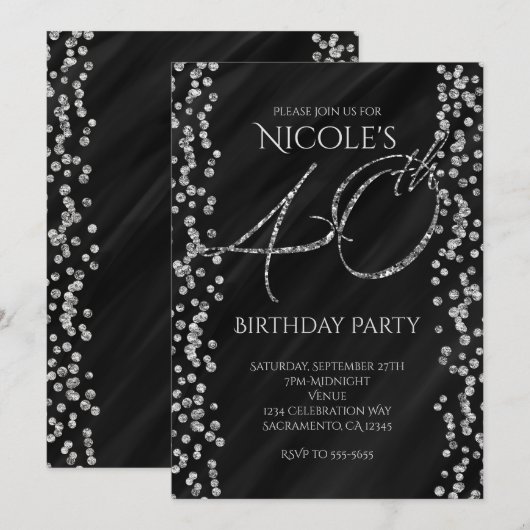 Invitation Noir et paillettes argentées Fausse 40 40e anniver (Devant / Derrière)