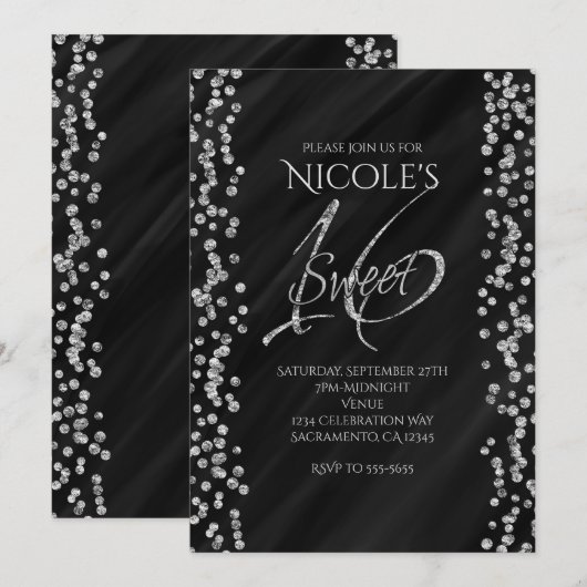 Invitation Noir et paillettes argentées Fausse Glam SWEET 16  (Devant / Derrière)