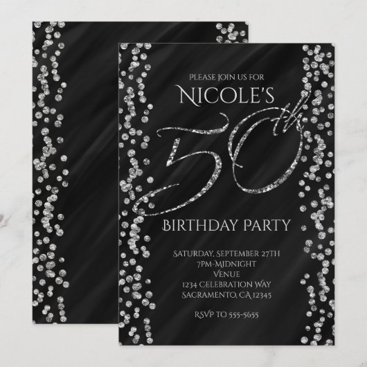 Invitation Noir et paillettes argentées fausses 50 50e annive (Devant / Derrière)