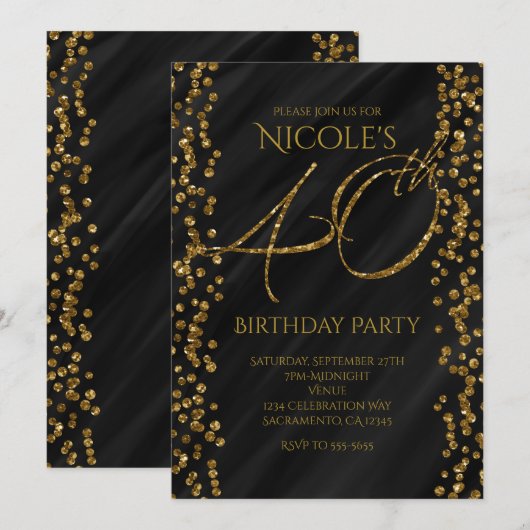 Invitation Noir et paillettes de faux or Glam 40 40e annivers (Devant / Derrière)