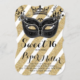 Invitation Noir et Parties scintillant Or Masquerade Sweet 16
