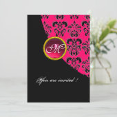 Invitation NOIR ET ROSE DAMAS MONOGRAMME, rubis rouge, fuchsi (Debout devant)