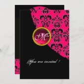 Invitation NOIR ET ROSE DAMAS MONOGRAMME, rubis rouge, fuchsi (Devant / Derrière)
