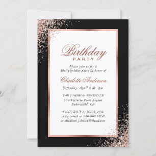 Invitation Noir et Rose Gold Confetti fête d'anniversaire