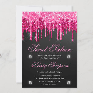 Invitation Noir et rose pailleté suintant Sweet Sixteen