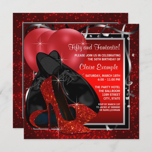Invitation Noir et Rouge Haut talons fête d'anniversaire (Devant / Derrière)