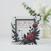 Invitation Noir et rouge personnalisable Fleurs 3D (Debout devant)