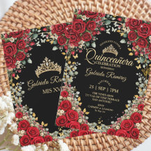Noir et Rouge Quinceañera Papillons Roses Dorées