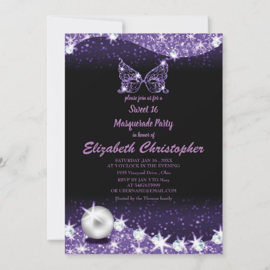 Invitation noir et violet masquerade douce 16 parties scintil (Dos)