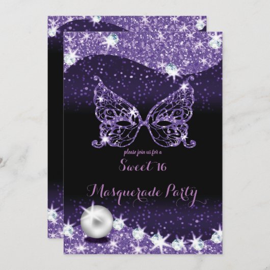 Invitation noir et violet masquerade douce 16 parties scintil (Devant / Derrière)