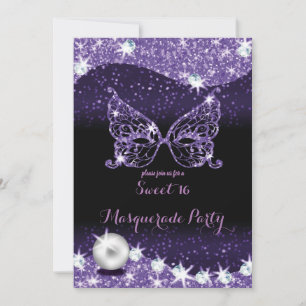 Invitation noir et violet masquerade douce 16 parties scintil