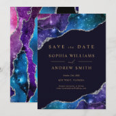 Invitation Noir & Étoiles Bleu Or Enregistrer la Date (Devant / Derrière)