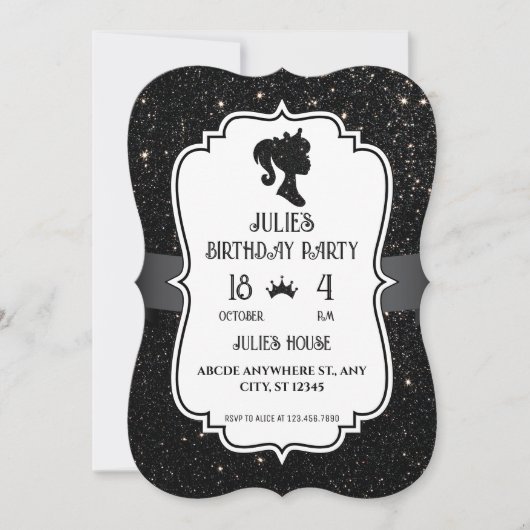 Invitation Noir Fancy paillettes scintillent poupée anniversa (Devant)