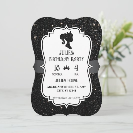Invitation Noir Fancy paillettes scintillent poupée anniversa (Debout devant)