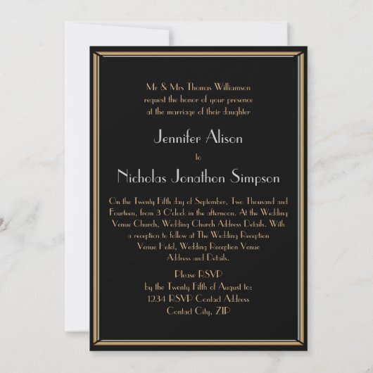Invitation Noir, Faux Or et Argent Art Déco Gatsby Style (Dos)