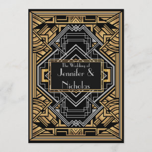 Invitation Noir, Faux Or et Argent Art Déco Gatsby Style
