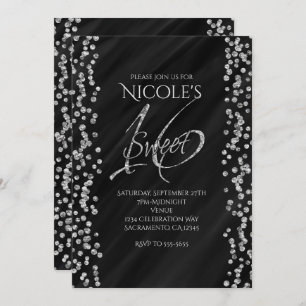 Invitation Noir & Faux Parties scintillant argent Glam SWEET