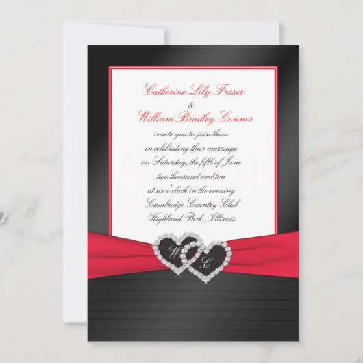 Invitation Noir FAUX Satin Pleins, Coeurs Monogramme Invitati (Devant)
