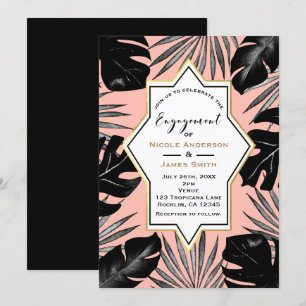 Invitation Noir Feuilles Tropicales Corail Pêche Or Engagemen