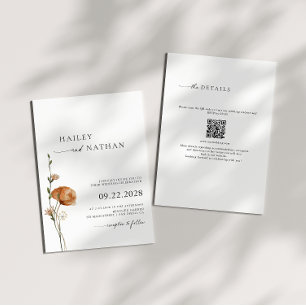Invitation Noir fleur sauvage   Code QR blanc 2 en 1 Mariage