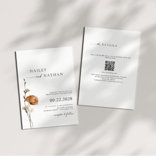Invitation Noir fleur sauvage | Code QR blanc 2 en 1 Mariage