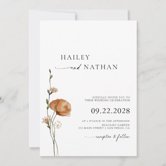 Invitation Noir fleur sauvage | Code QR blanc 2 en 1 Mariage (Devant)