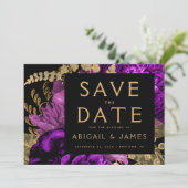Invitation Noir Floral foncé violet or mariage Enregistrer la (Debout devant)