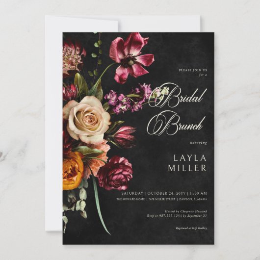 Invitation Noir foncé élégant automne Floral Bridal Brunch (Devant)