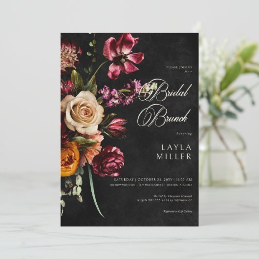 Invitation Noir foncé élégant automne Floral Bridal Brunch (Debout devant)
