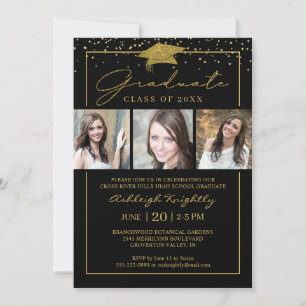 Invitation Noir Gold Confetti Script 3 Photos Graduation