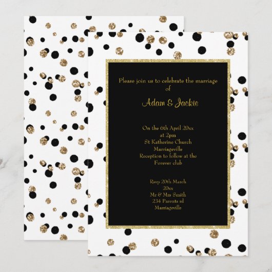 INVITATION NOIR GOLD SPOT CRYSTAL ÉLÉGANT MARIAGE (Devant / Derrière)