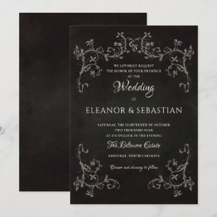 Invitation Noir Gothique Victorien Dentelle Botanique Mariage
