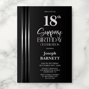Invitation Noir Gris à Rayures Argentées 18e Anniversaire Sur