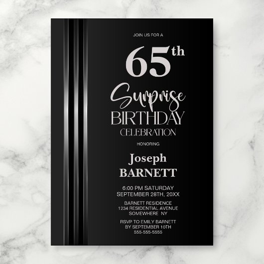 Invitation Noir Gris à Rayures Argentées 65e Anniversaire Sur