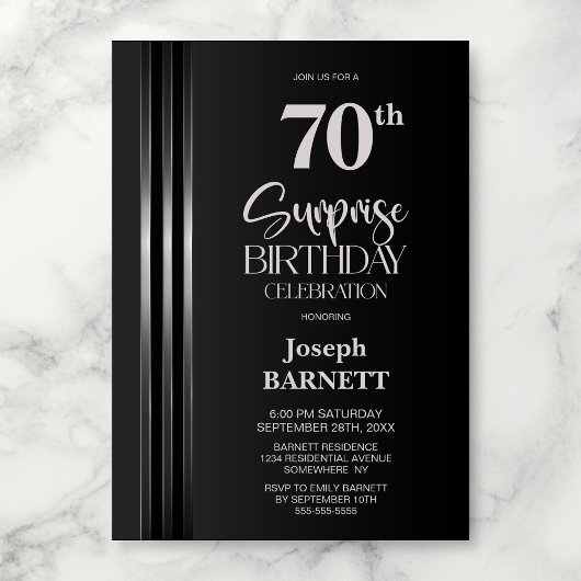 Invitation Noir Gris à Rayures Argentées 70e Anniversaire Sur
