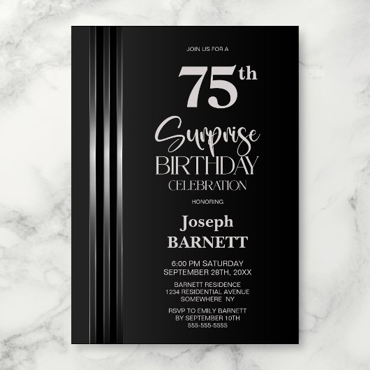 Invitation Noir Gris à Rayures Argentées 75e Surprise Anniver