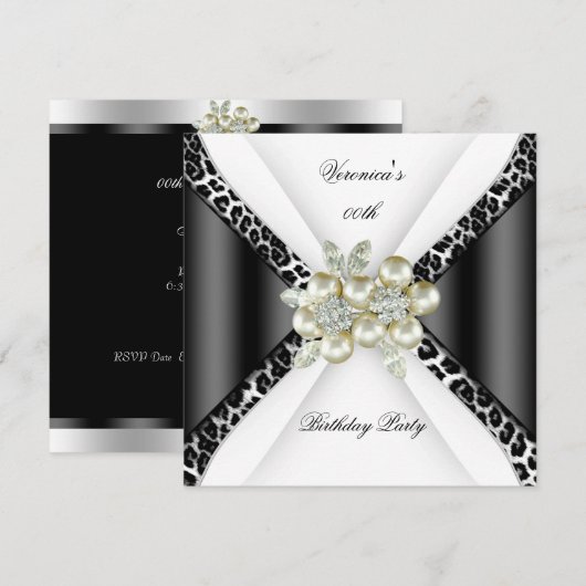 Invitation Noir Gris Blanc Léopard Perle Fête d'anniversaire (Devant / Derrière)